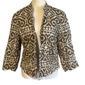 Chico's Brown White Large Animal Print Ikat Print Collarless Cropped‎ Jacket 2